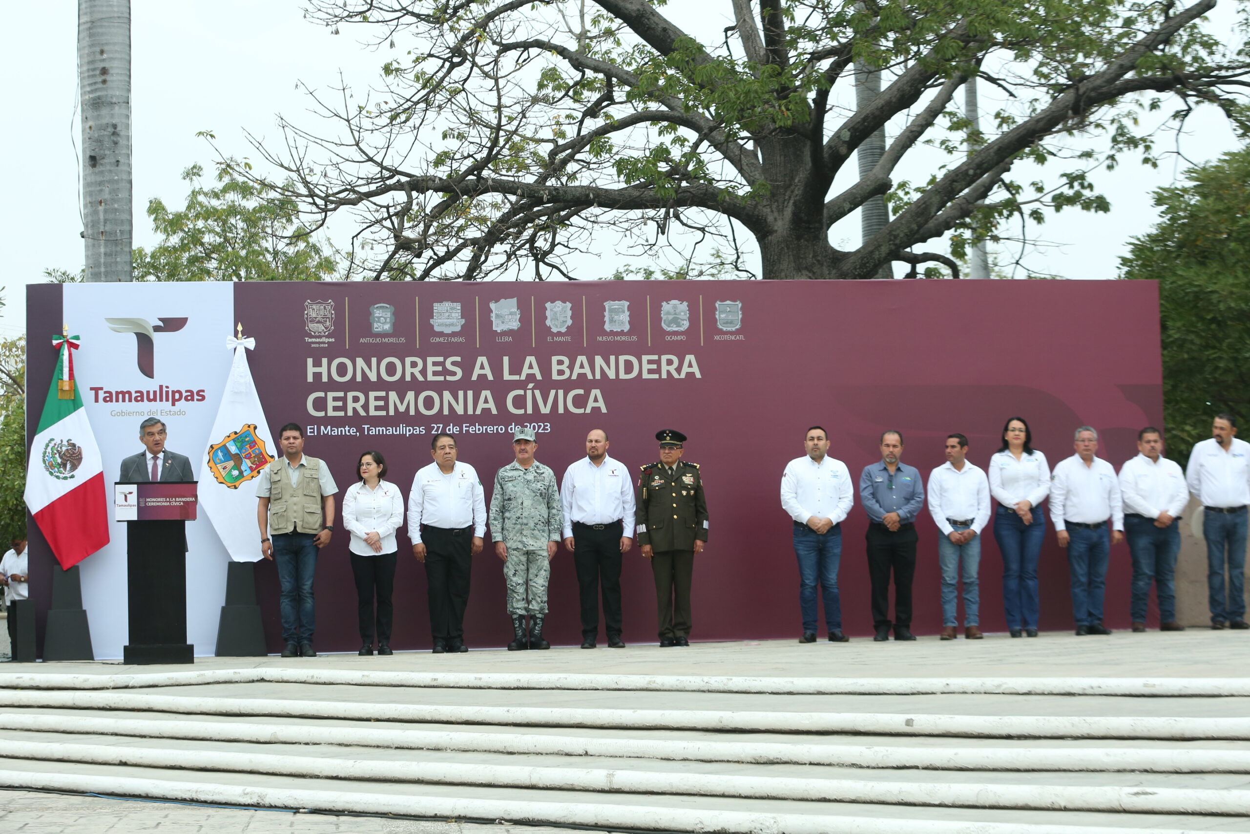 El Gobernador de Tamaulipas rinde honores a la bandera este lunes en Mante.